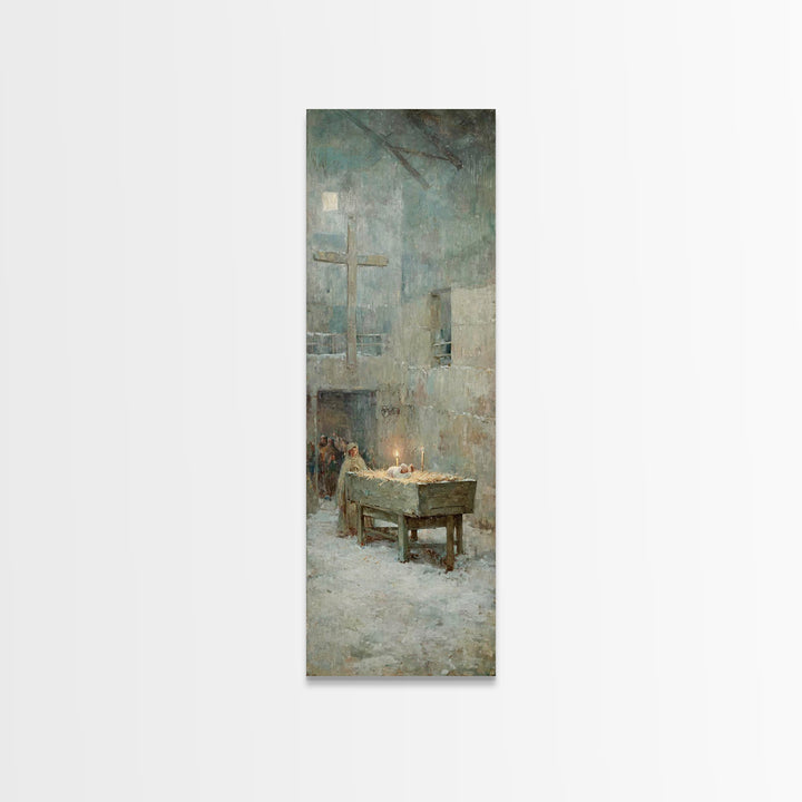 Soft Manger Dawn – Framed Canvas Print – Christian Art Canvas – Christmas Art – Subtle Christian Art – Tall Narrow Wall Art
