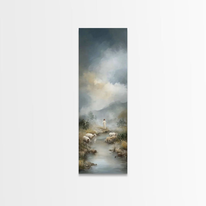 Shepherd’s Living Waters, Framed Canvas Print, Christian Art Canvas, Jesus Painting, Christian Wall Art, Tall Skinny Art Print, Christian D