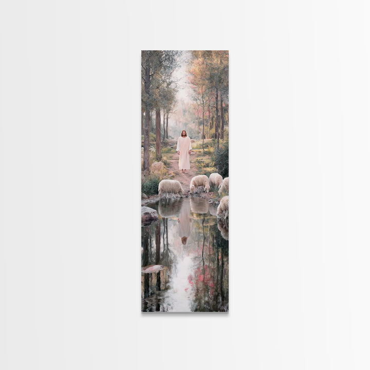 Forest Path Savior | Framed Canvas Print | Christian Art Canvas | Jesus Painting | Christian Wall Art | Tall Skinny Art Print | Christian C