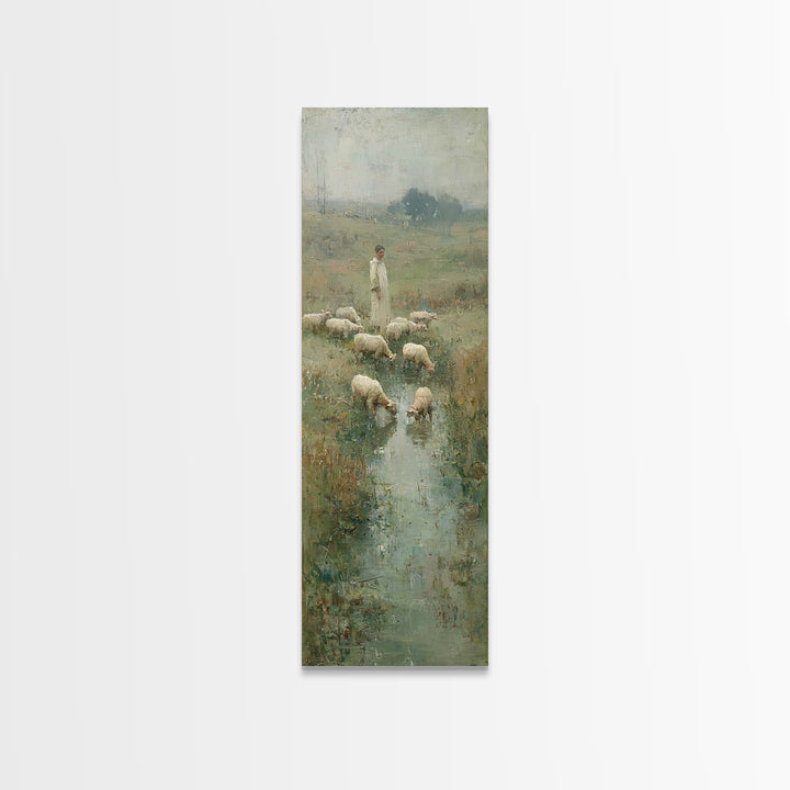 Shepherd’s Quiet Meadow – Framed Canvas Print – Christian Art Canvas – Christian Wall Art – Jesus Painting – Narrow Art – Christian Christm