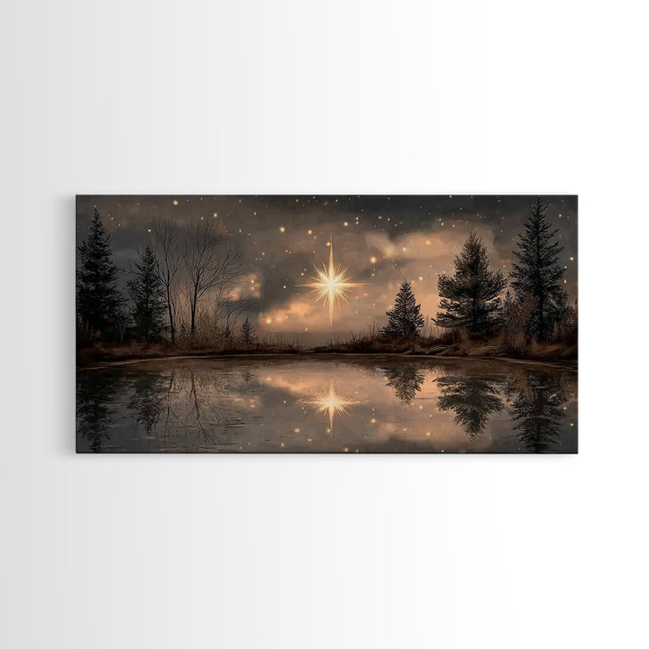 Night Star Reflection, Framed Canvas Print, Christian Art Canvas, Christmas Wall Art, Christian Christmas Art, Moody Christmas Art, Christi
