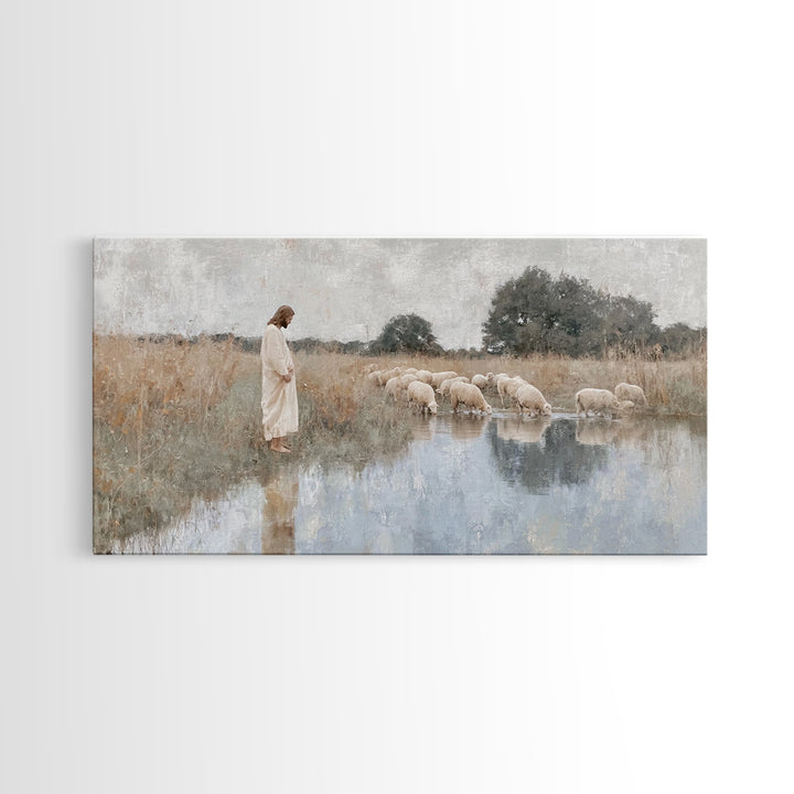 Gentle Shepherd Light – Framed Canvas Print – Christian Wall Art – Jesus Painting – Christian Art Canvas – Pastoral Scenery – Christian Chr