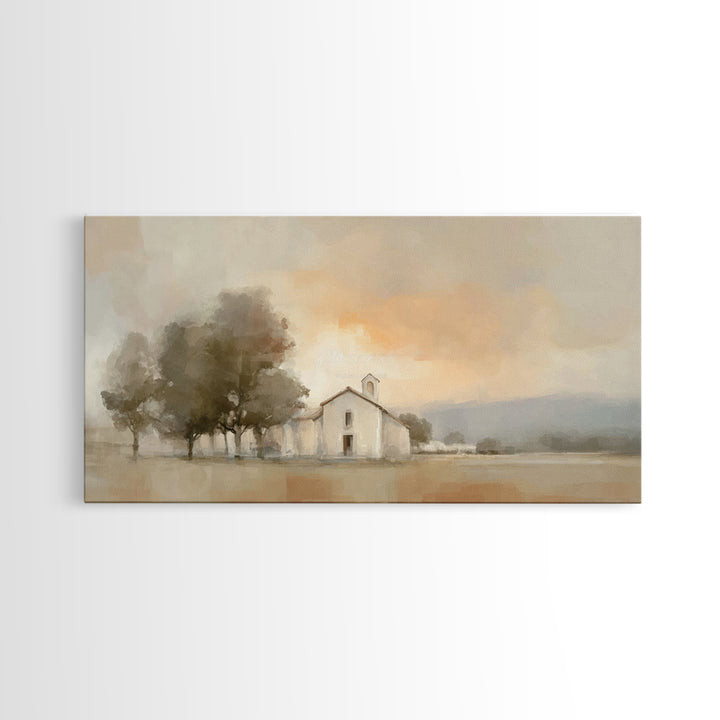 Chapel At Dawn – Framed Canvas Print – Christian Wall Art – Minimalist Christian Art – Christian Art Canvas – Modern Christian Painting – P
