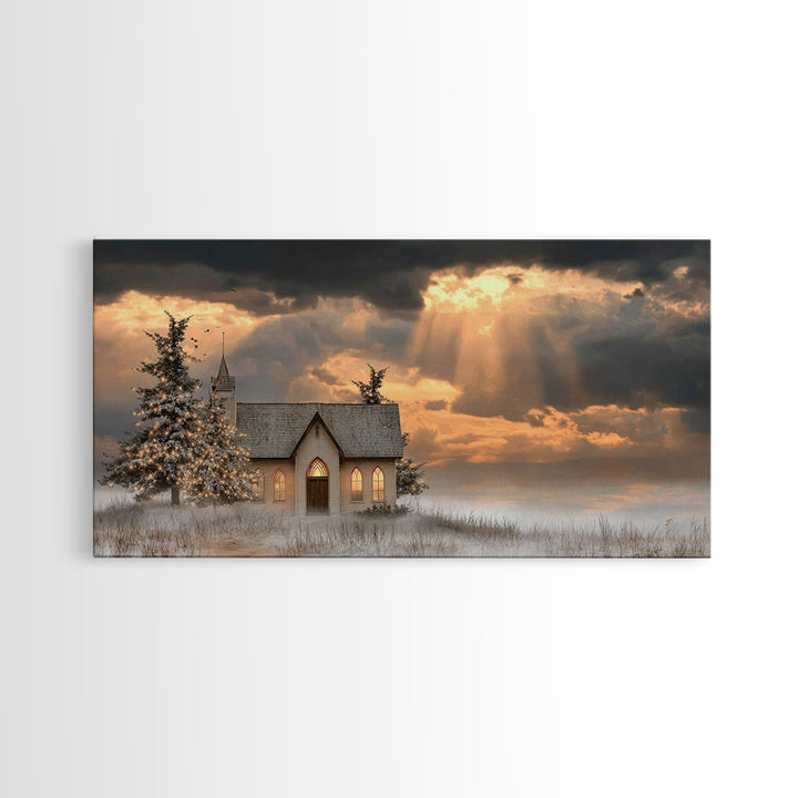 Light Of The Chapel – Framed Canvas Print – Christmas Art – Christian Christmas Art – Christian Wall Art – Christian Art Canvas – Winter Ch