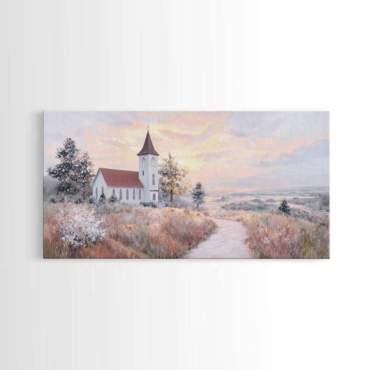 Sunrise Church Path – Framed Canvas Print – Christian Wall Art – Christian Art Canvas – Christian Art Work – Large Christian Art – Subtle C