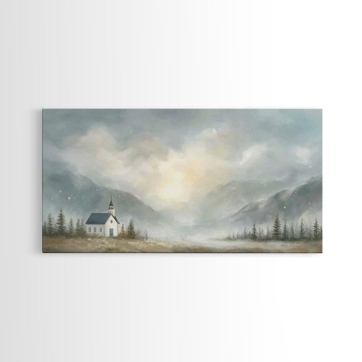 Mountain Chapel Light – Framed Canvas Print – Christian Art Canvas – Christian Wall Art – Moody Christian Art – Christian Painting – Modern