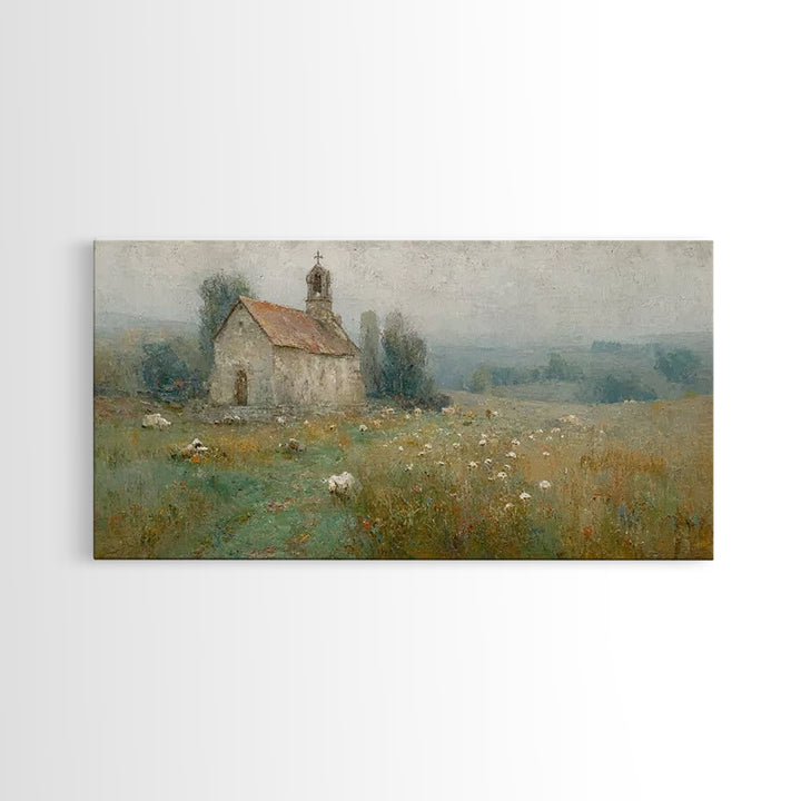Quiet Chapel Meadow – Framed Canvas Print – Christian Art Canvas – Vintage Christian Art – Christian Painting – Christian Wall Art – Christ