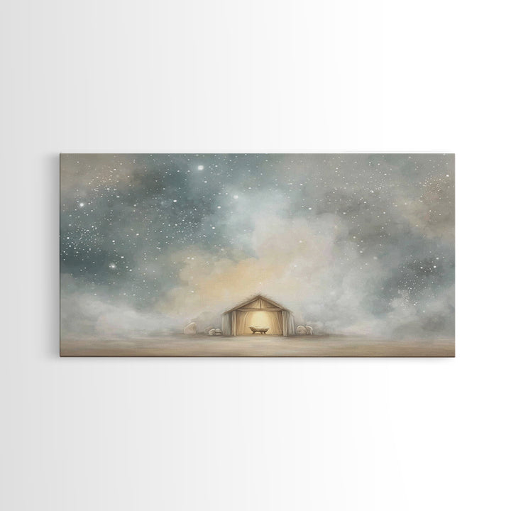 Manger Under Heaven, Framed Canvas Print, Christian Art Canvas, Christmas Art, Christian Christmas Art, Christian Wall Art