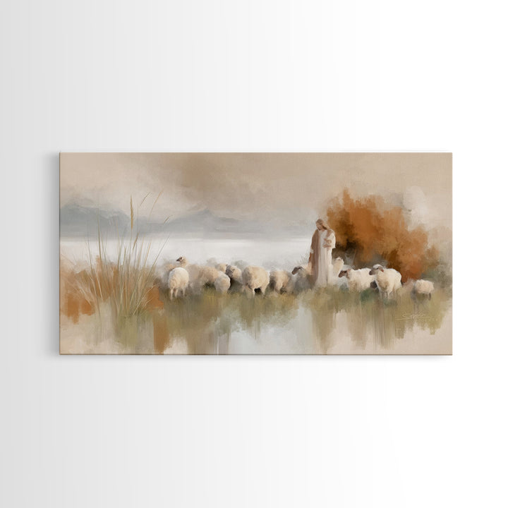 Hillside Shepherd Calm | Framed Canvas Print | Christian Art Canvas | Christian Wall Art | Jesus Painting | Christian Christmas Art | Uniqu