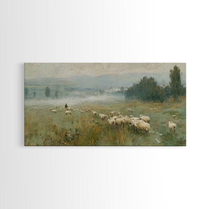 Twilight Pasture Peace, Framed Canvas Print, Christian Wall Art, Jesus Painting, Christian Art Canvas, Moody Christian Art, Christmas Wall