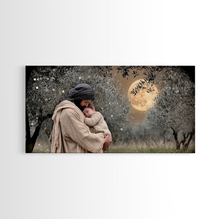Moonlit Comfort | Framed Canvas Print | Jesus Wall Art | Christian Christmas Art | Christian Art Painting | Unique Christian Art