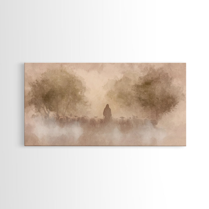 Shepherd’s Dawn Glow | Framed Canvas Print | Christian Art Canvas | Jesus Painting | Christian Wall Art | Moody Christian Art | Christmas W
