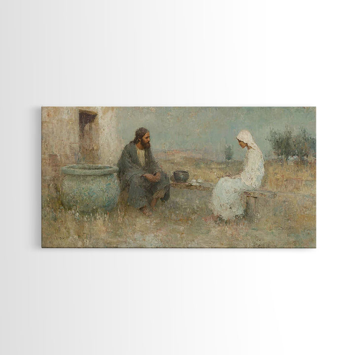 Quiet Well Encounter – Framed Canvas Print – Christian Art Canvas – Christian Painting – Subtle Christian Art – Christian Wall Art – Christ