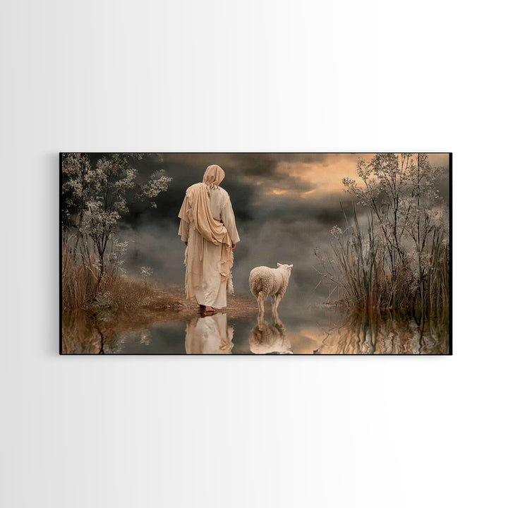 Shepherd’s Reflection – Framed Canvas Print – Christian Art Canvas – Christmas Art – Jesus Painting – Christian Wall Art – Christian Decor