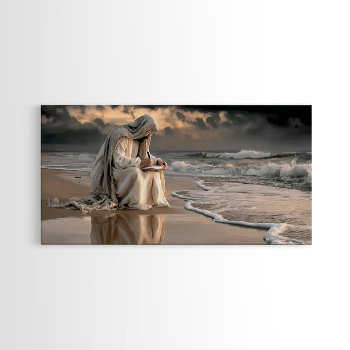 Shoreline Grace – Framed Canvas Print – Christian Wall Art – Jesus Painting – Modern Christian Art – Christian Christmas Art – Large Jesus
