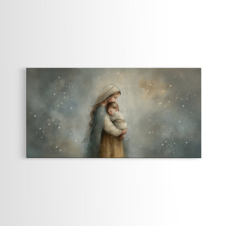 Starry Night Tenderness – Framed Canvas Print – Christian Christmas Art – Christian Art Gift – Mary and Jesus Painting – Christian Wall Art