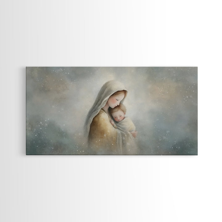 Snowfall Grace – Framed Canvas Print – Christmas Art – Christian Wall Art – Christian Art Canvas – Mary And Jesus Painting – Christian Gift