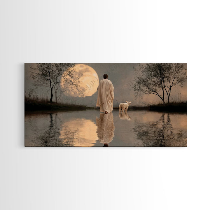 Moonlit Shepherd Calm – Framed Canvas Print – Christian Art Canvas – Christian Wall Art – Jesus Painting – Christian Christmas Art
