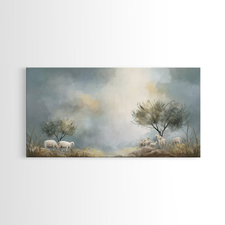 Sacred Pasture Stillness – Framed Canvas Print – Christian Art Print – Jesus Painting – Christian Wall Art – Christmas Canvas Wall Art – Ch