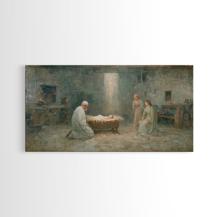 Nativity Reverence, Framed Canvas Print, Christian Paintings, Vintage Christian Art, Christian Wall Art, Christmas Art Framed