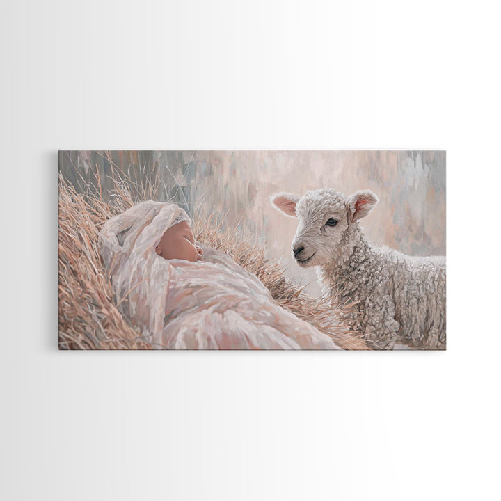 Lamb and Child – Framed Canvas Print – Jesus Painting – Christian Wall Art – Christian Art Canvas – Christian Christmas Art – Christian Dec
