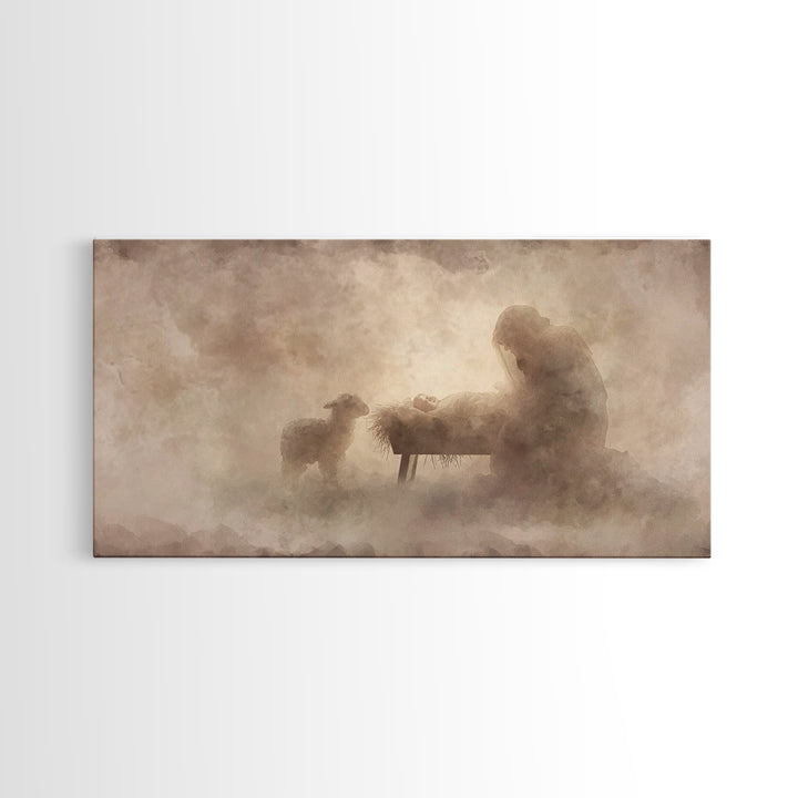 Holy Night Serenity, Framed Canvas Print, Christian Wall Art, Christian Art Canvas, Jesus Painting, Christian Christmas Art