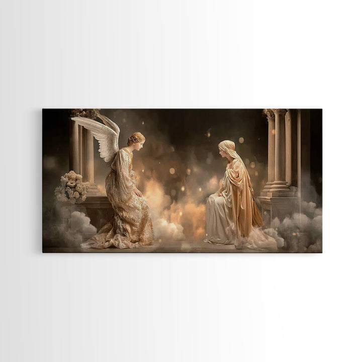 Golden Annunciation, Framed Canvas Print, Christian Wall Art, Jesus Painting, Christian Art Canvas, Christian Christmas Art, Christian Deco
