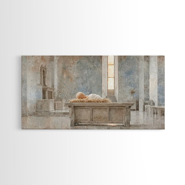 Sanctuary Manger Stillness | Framed Canvas Print | Christian Wall Art | Christian Art Canvas | Christian Christmas Art | Christmas Wall Art