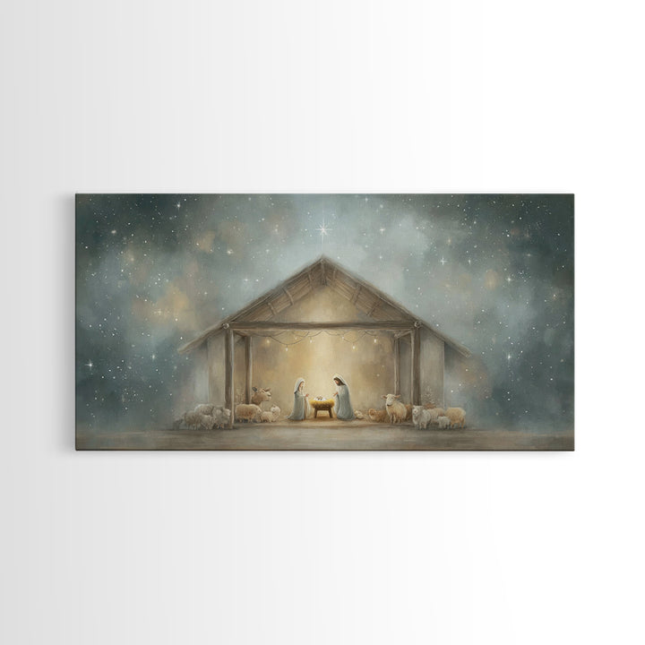 Holy Night Shelter – Framed Canvas Print – Christian Christmas Art – Framed Christmas Wall Art – Christian Art Canvas – Christmas Art Work
