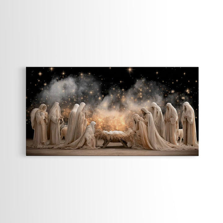 Angelic Midnight Glow – Framed Canvas Print – Christian Art Canvas – Jesus Painting – Christmas Art – Christian Christmas – Christian Decor