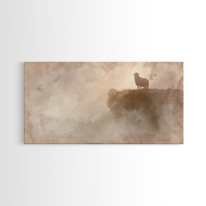 Cliffside Lamb Watch, Framed Canvas Print, Christian Art Canvas, Christian Wall Art, Subtle Christian Art, Christian Gift Ideas, Pastoral S