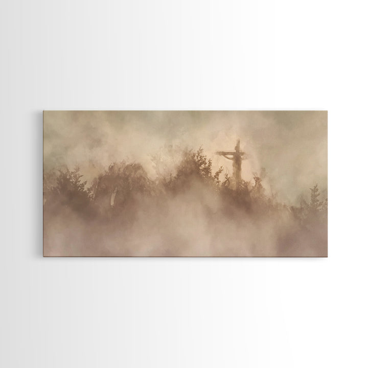 Cross In Mist – Framed Canvas Print – Christian Wall Art – Christian Art Canvas – Christian Art – Moody Christian Art – Christian Christmas