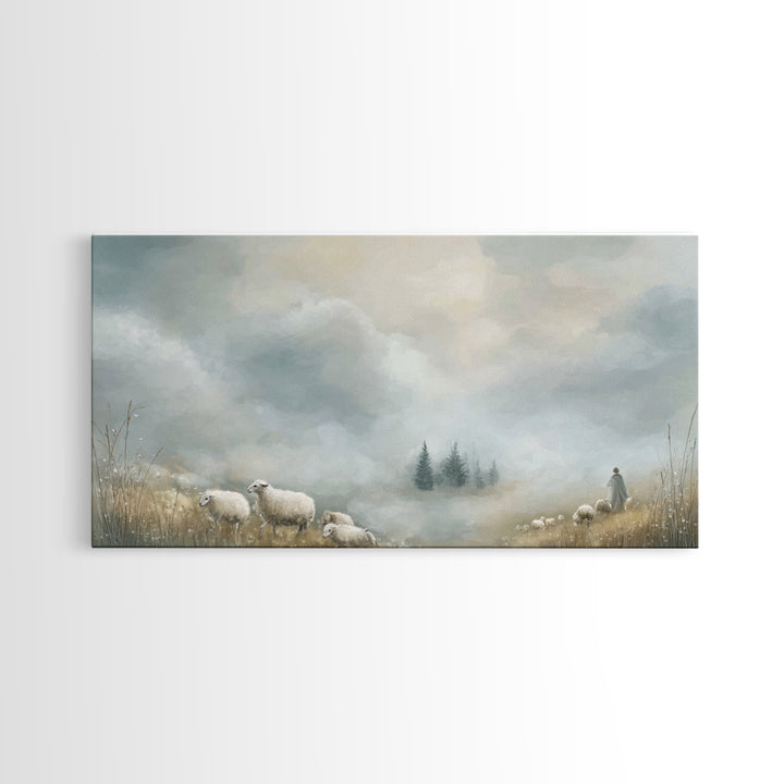 Dawn Meadow Peace, Framed Canvas Print, Christian Art Canvas, Christian Wall Art, Christian Christmas Art, Christian Decor, Jesus Painting
