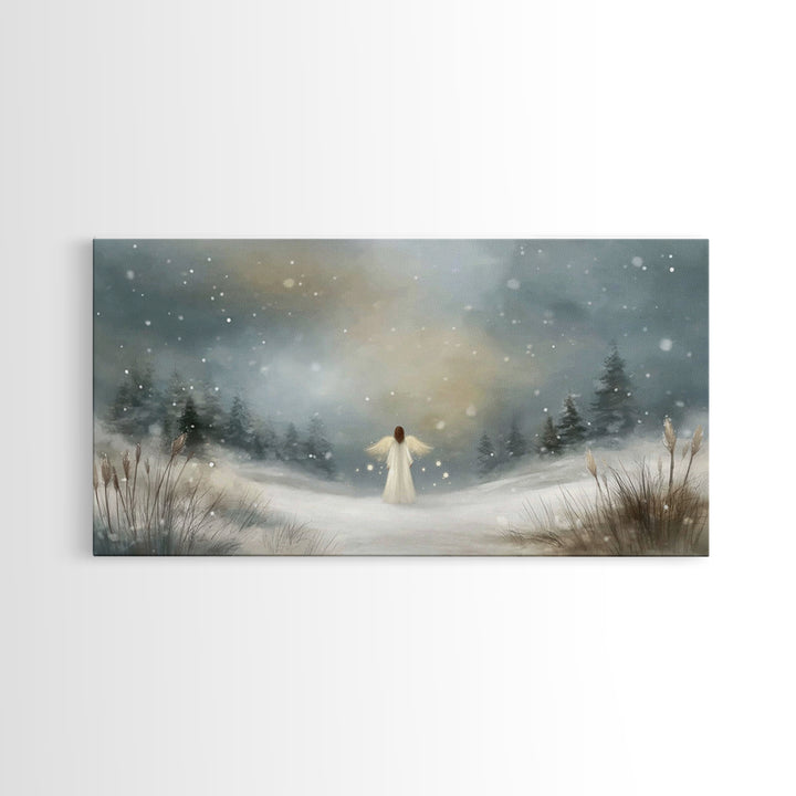 Angel In The Snow, Framed Canvas Print, Christmas Art Prints, Christian Wall Art, Angel Art, Moody Christmas Art
