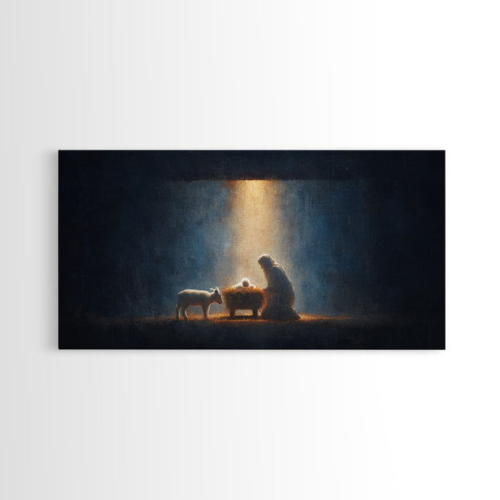 Midnight Manger Glow – Framed Canvas Print – Christian Art Canvas – Christian Wall Art – Jesus Painting – Christmas Art