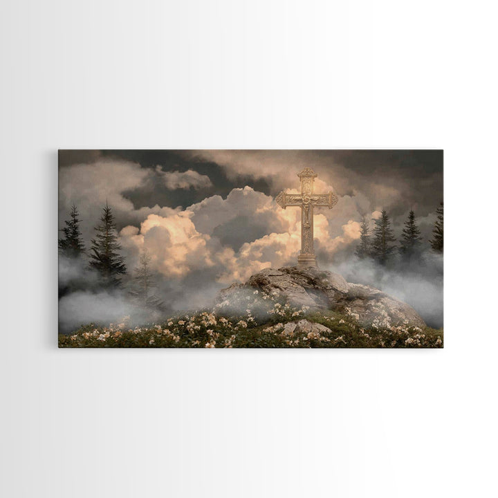 Golden Hill Cross – Framed Canvas Print – Christian Art Canvas – Christian Wall Art – Christian Painting – Large Christian Art