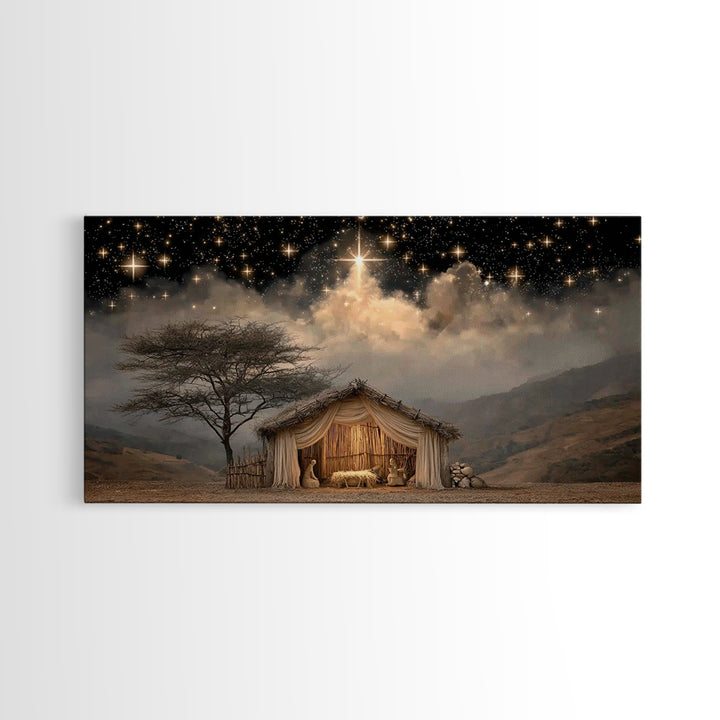 Holy Night Glow, Framed Canvas Print, Christian Christmas Art, Christian Wall Art, Jesus Painting, Christmas Canvas Art