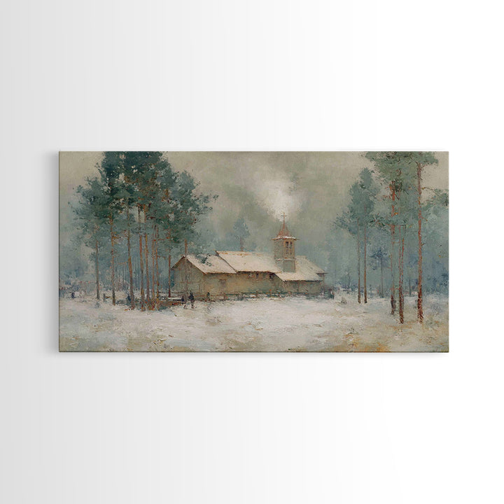 Snowy Pine Chapel | Framed Canvas Print | Christian Wall Art | Christmas Canvas Wall Art | Christian Art Gift | Winter Christian Art