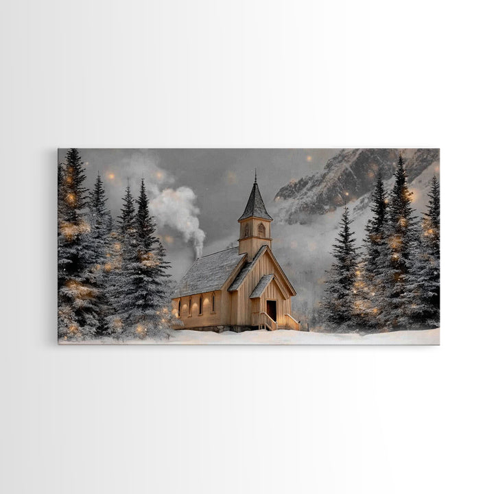 Mountain Chapel Glow - Framed Canvas Print - Christian Wall Art - Christian Christmas Art - Christmas Wall Art - Christian Decor