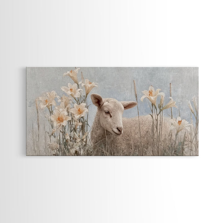 Morning Lily Lamb – Framed Canvas Print – Christian Art Canvas – Christian Art Print – Christian Wall Art – Subtle Christian Art – Christia