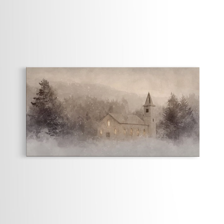 Snowy Chapel – Framed Canvas Print – Christian Christmas Art – Christian Art Canvas – Christmas Wall Art – Christian Paintings – Christian
