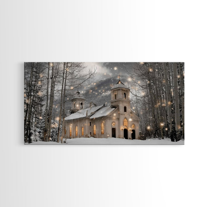 Evergreen Church – Framed Canvas Print – Christmas Wall Art – Christian Art Canvas – Framed Christmas Wall Art – Christian Christmas Art –