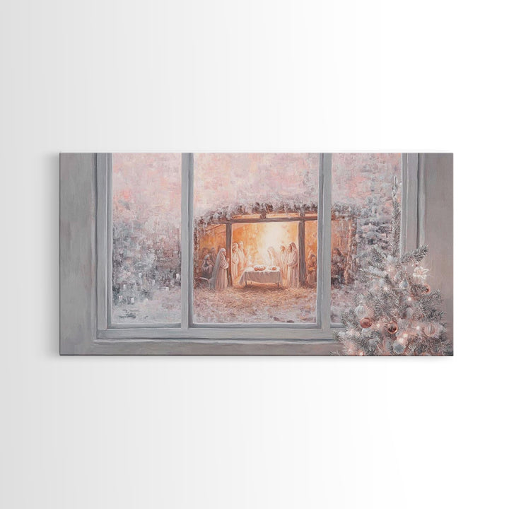 Nativity Through Frosted Glass | Framed Canvas Print | Christian Christmas Art | Christmas Wall Art | Jesus Painting | Christian Art Canvas