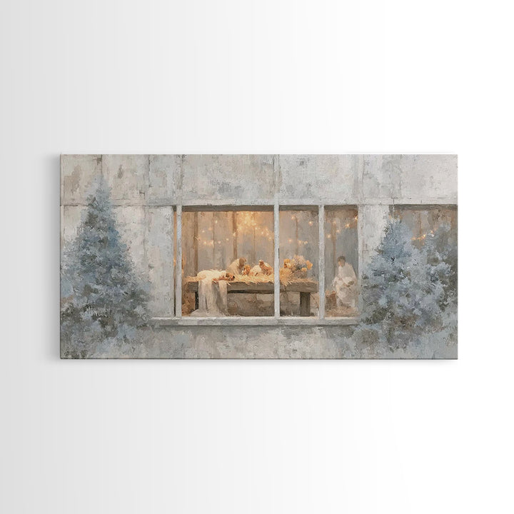 Winter Manger Light – Framed Canvas Print – Christian Christmas Art – Christmas Wall Art – Jesus Painting – Christian Art Canvas – Framed C
