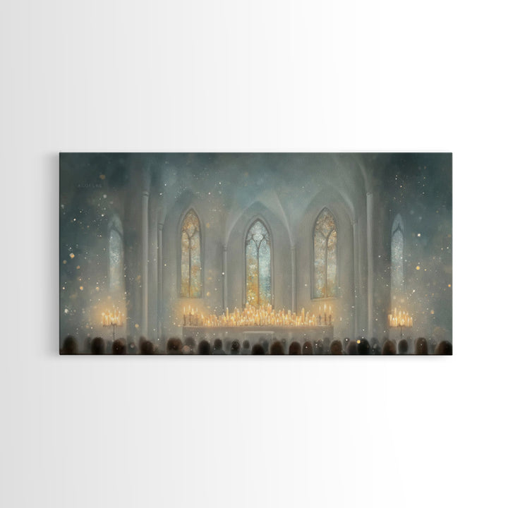 Cathedral Midnight Flame – Framed Canvas Print – Christian Paintings – Christmas Wall Art – Christian Christmas Art – Large Christian Paint