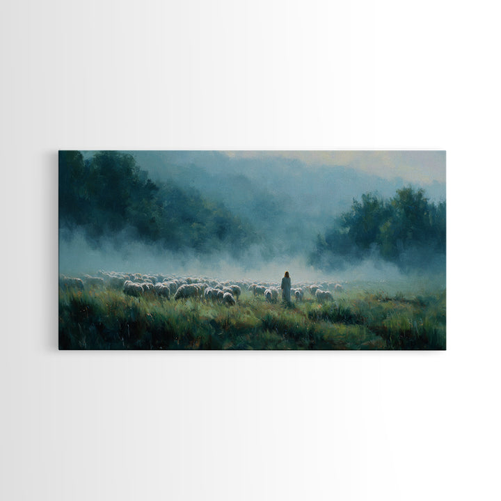 Morning Pasture Calm – Framed Canvas Print – Christian Art – Christian Wall Art – Christian Art Canvas – Jesus Painting – Christmas Art