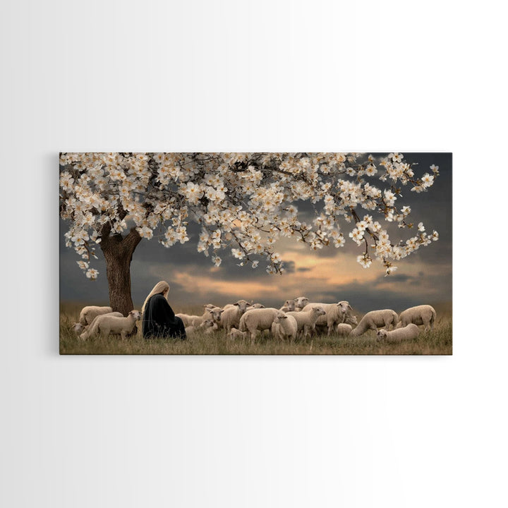 Gentle Twilight Shepherd, Framed Canvas Print, Christian Wall Art, Jesus Painting, Christmas Art, Christian Art Canvas