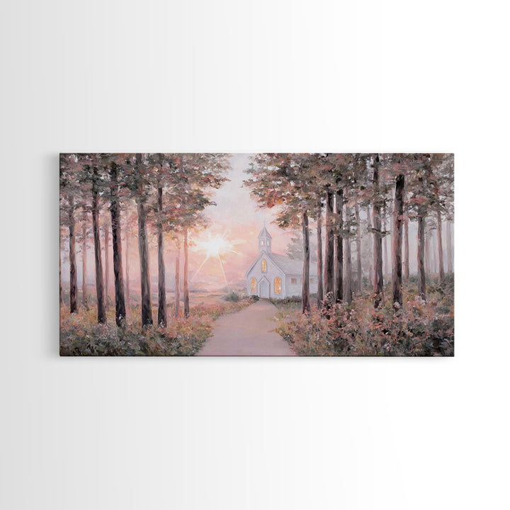 Sunlit Chapel Path, Framed Canvas Print, Christian Art Canvas, Christian Wall Art, Christian Art, Christian Painting, Christian Gift Ideas