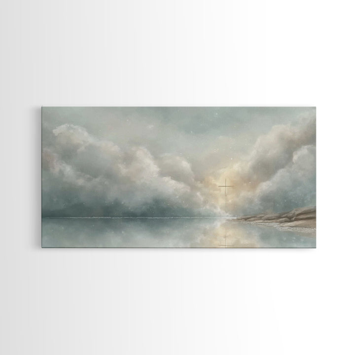 Cross In The Mist – Framed Canvas Print – Christian Wall Art – Jesus Painting – Moody Christmas Art – Christian Gift Ideas – Christian Art