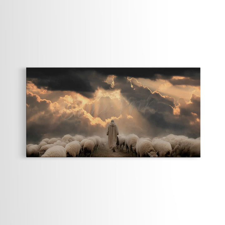 Heavenly Shepherd Light – Framed Canvas Print – Christian Wall Art – Christian Christmas Art – Jesus Painting – Christmas Canvas Wall Art –